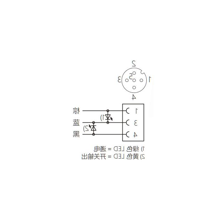 M12 3Pin、母头90°、带LED灯、IP 69K-ECOLAB、食品级、单端预铸PUR柔性电缆、黑色护套、64E001-XXX