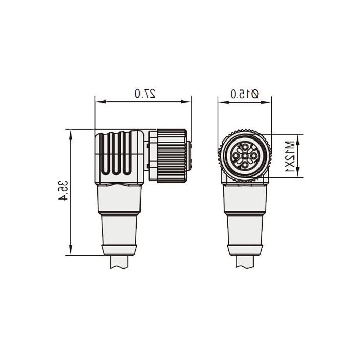 M12 4Pin 母头90°、带LED灯、IP 69K-ECOLAB、食品级、单端预铸PVC非柔性电缆、灰色护套、64E063-XXX